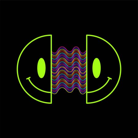 Ilustración de Two half of smile face. Vector modern neon digital style cartoon character illustration.Smile face,techno,trippy print for t shirt,tee,poster,sticker concept - Imagen libre de derechos