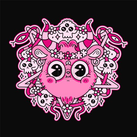 Funny goat satan head and pentagram. Vector cartoon character illustration logo.Smile cute goat face,demon,satan print for t-shirt,poster art concept