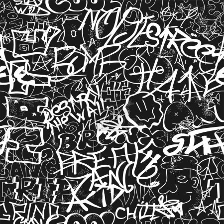 Téléchargez les illustrations : Graffiti seamless pattern wallpaper art.Vector graphic background illustration.Graffiti lettering,urban art seamless pattern wallpaper print concept - en licence libre de droit