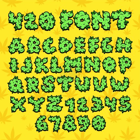 Ilustración de Cannabis letters font.Vector hand drawn cartoon illustration. Funny trippy,cannabis,marijuana,weed bud,420,rasta print for t-shirt,poster,logo art concept - Imagen libre de derechos