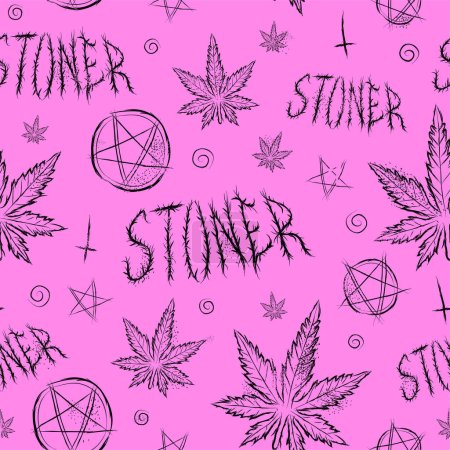 Illustration for Marijuana weed leaf,stoner quote,pentagram seamless pattern. Vector hand drawn illustration. Cannabis,weed,stoner seamless pattern,wallpaper concept - Royalty Free Image