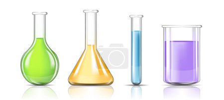 Illustration for Set of Transparent Laboratory Glassware Equipment with Color Liquid, realistic vector illustration - Royalty Free Image