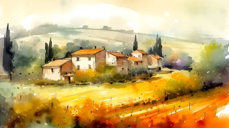 Photo for Digital watercolor painting of a village in Tuscany, Italy - Royalty Free Image