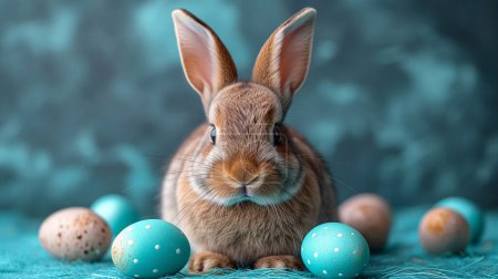 Téléchargez les photos : Mignon petit lapin aux œufs de Pâques sur fond bleu, gros plan. - en image libre de droit