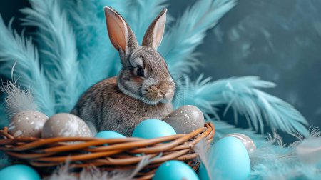 Téléchargez les photos : Mignon petit lapin aux œufs de Pâques sur fond bleu, gros plan. - en image libre de droit