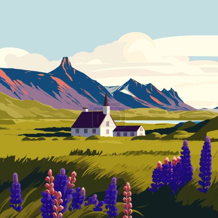 Beautiful landscape of blooming lupine flowers in Iceland. Vector illustration.