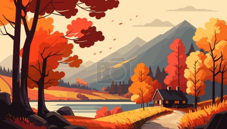 Paysage d'automne avec lac, forêt et maison. Illustration vectorielle.