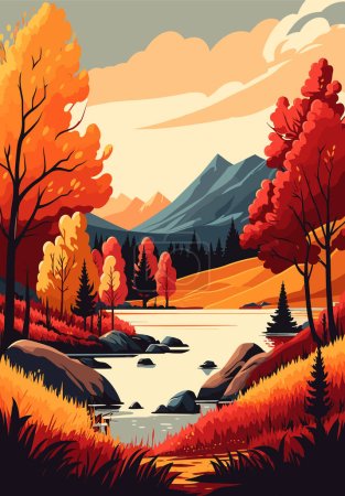 Paysage automnal avec lac, montagnes et forêt. Illustration vectorielle.