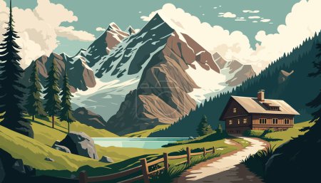 Téléchargez les photos : Paysage de montagne avec maison en bois et lac. Illustration vectorielle en style plat - en image libre de droit