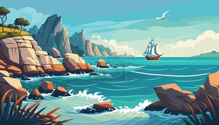 Téléchargez les photos : Paysage marin avec rochers et voilier. Illustration vectorielle de dessin animé. - en image libre de droit