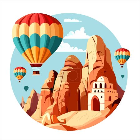 Hot air balloons over Cappadocia rocks landscape. Adventure travel in Turkey concept vector illustration.