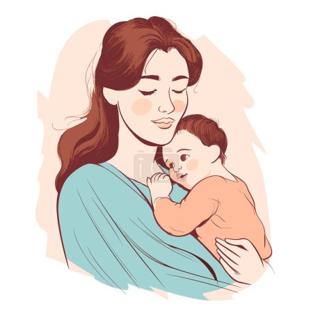 Téléchargez les photos : Illustration vectorielle d'une mère tenant son fils dans ses bras. Joyeuse fête des mères. - en image libre de droit