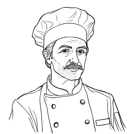 Téléchargez les photos : Illustration vectorielle d'un croquis d'un chef avec une moustache et un chapeau - en image libre de droit