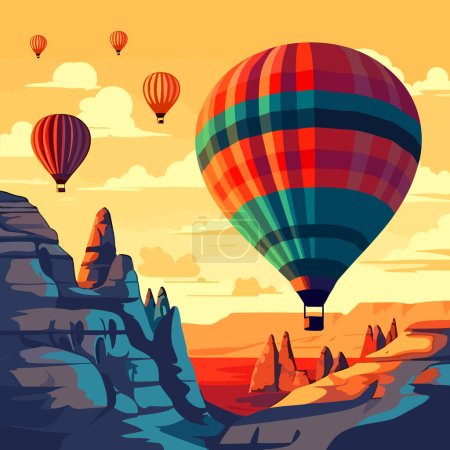 Téléchargez les photos : Montgolfières au-dessus du paysage rocheux de la Cappadoce. Voyage aventure en Turquie illustration vectorielle concept. - en image libre de droit