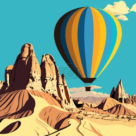 Globo de aire caliente volando sobre el paisaje del desierto de piedra arenisca. Turquía, Capadocia. Ilustración vectorial.
