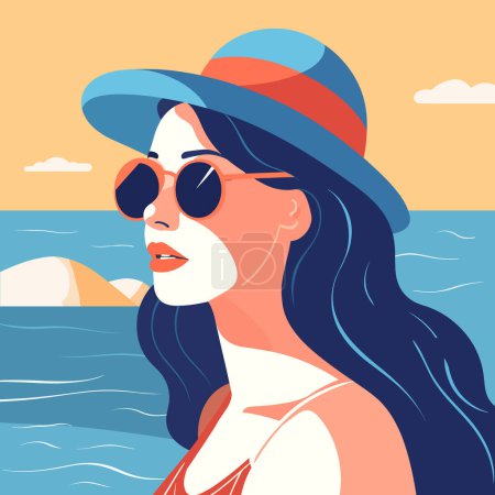 Téléchargez les photos : Belle jeune femme dans un chapeau et des lunettes de soleil sur la plage. Illustration vectorielle. - en image libre de droit