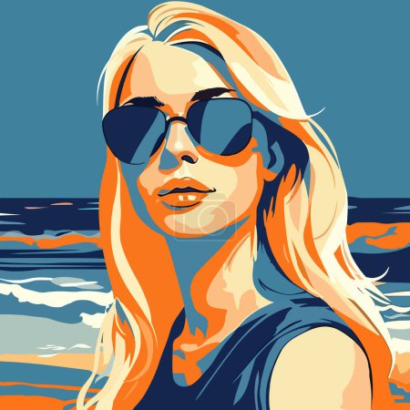 Téléchargez les photos : Belle jeune femme en lunettes de soleil sur la plage. Illustration vectorielle. - en image libre de droit