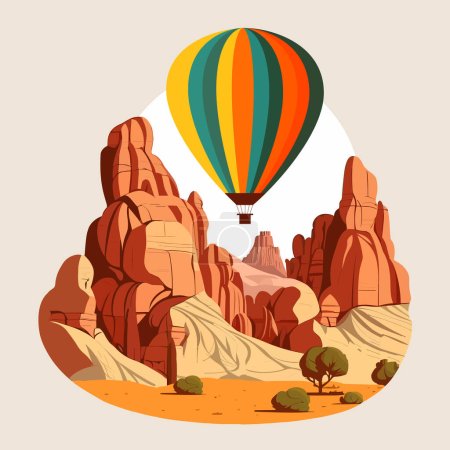Hot air balloons over Cappadocia rocks landscape. Adventure travel in Turkey concept vector illustration.