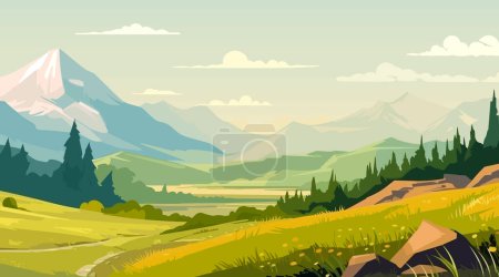 Téléchargez les photos : Montagnes et prairies paysage. Illustration vectorielle en style plat. - en image libre de droit
