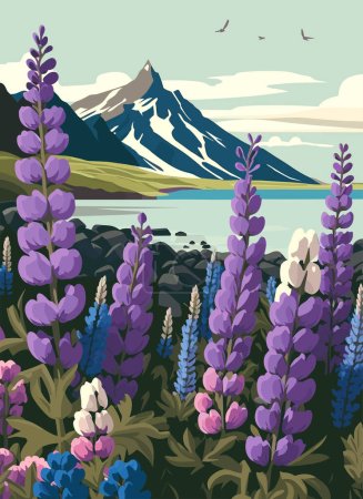 Landschaft mit Lupinenblumen und Bergen. Vektorillustration.