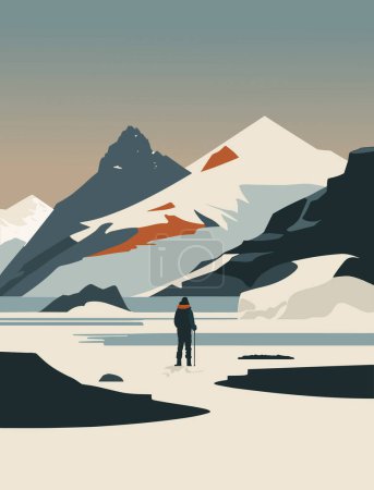 Téléchargez les photos : Illustration vectorielle d'un touriste au fond des montagnes. - en image libre de droit