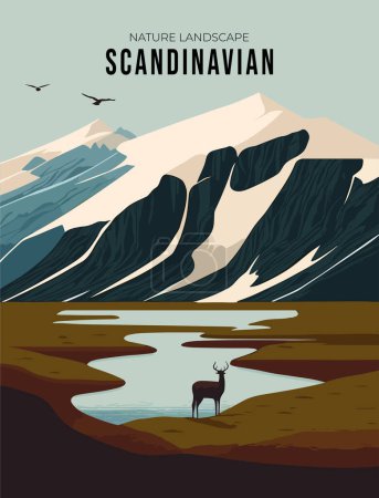 Paisaje de montaña con lago y ciervo. Ilustración vectorial en estilo plano
