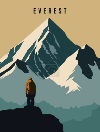 Illustration for Hiker on the top of the mountain. Vector illustration in flat style - Royalty Free Image