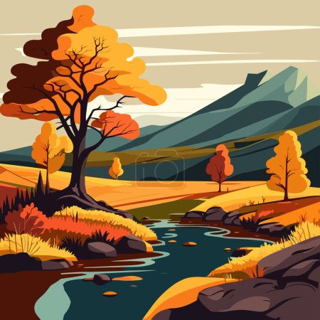 Autumn landscape with rivers, trees, and mountains. Vector illustration.