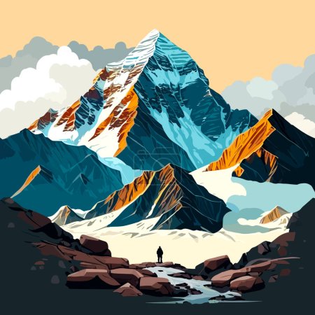 Paisaje montañoso con un hombre parado sobre una roca. Ilustración vectorial