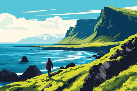 Hombre caminando por la costa de las Islas Feroe. Ilustración vectorial
