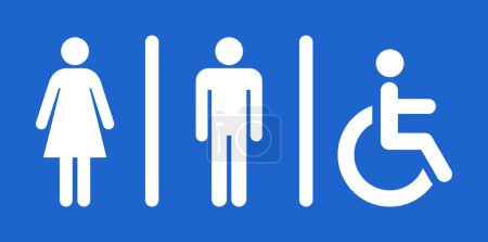 Téléchargez les illustrations : Panneaux de toilettes isolés sur fond bleu. Pictogramme de toilettes. Panneau des toilettes. Symboles hommes et femmes. Stock vectoriel - en licence libre de droit