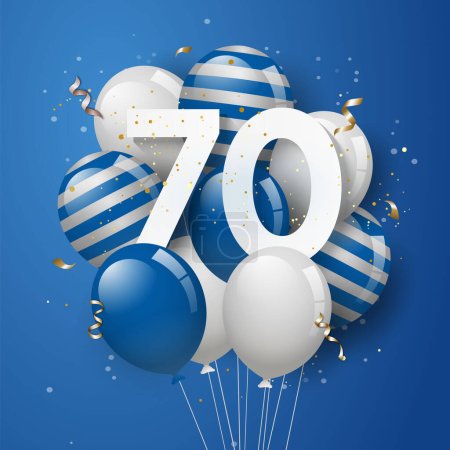 Illustration for Happy 70th birthday with blue balloons greeting card background. 70 years anniversary. 70th celebrating with confetti. Vector stock - Royalty Free Image