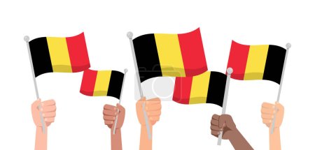 Illustration pour Mains avec drapeau belge isolées sur fond blanc. Les gens tiennent belgium flag.Vector stock - image libre de droit