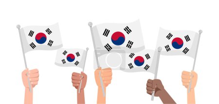 Téléchargez les illustrations : Mains avec drapeau sud-coréen isolé sur fond blanc. Les gens tiennent la Corée du Sud flag.Vector stock - en licence libre de droit