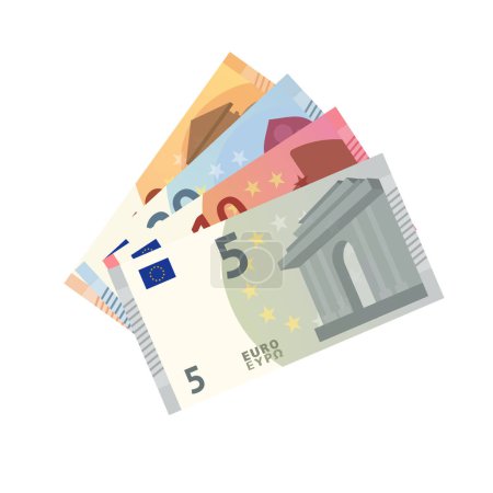 Ein Satz Euro-Banknoten isoliert auf weißem Hintergrund. Europäische Geldwährung. Fünf, zehn, zwanzig und fünfzig Euro. Vektoraktie