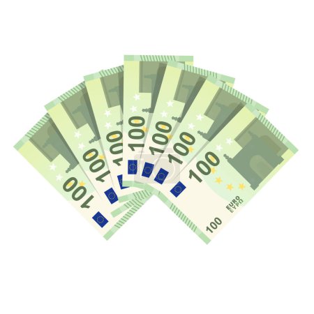 100 euro money banknotes fan isolated on white background. Europen bill cash money. One hundred euro. Vector stock