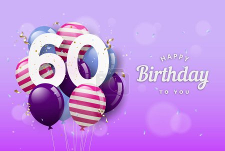 Tarjeta de felicitación feliz cumpleaños 60 con globos. 60 años de aniversario. 60º celebrando con confeti. Existencias de vectores
