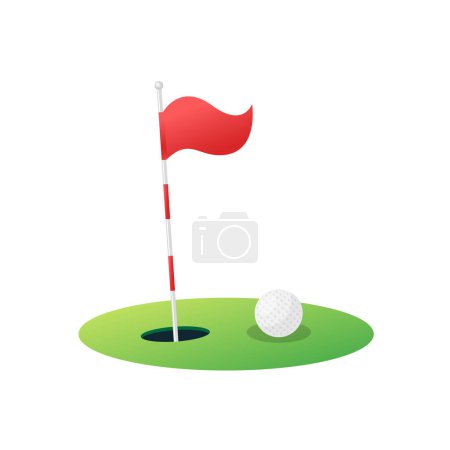 Golffahne und Ball auf dem Rasen vereinzelt auf weißem Hintergrund. Roter Golf-Wimpel. Das Logo des Golflochs. Vektoraktie