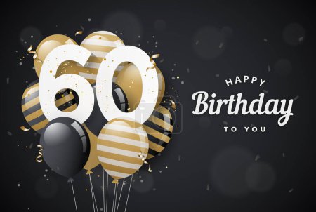 Téléchargez les illustrations : Joyeux 60e anniversaire ballons carte de vœux fond noir. 60 ans. 60e célébration avec des confettis. Stock vectoriel - en licence libre de droit