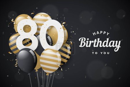 Feliz 80 cumpleaños globos tarjeta de felicitación fondo negro. 80 años de aniversario. 80 celebrando con confeti. Existencias de vectores