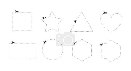 Illustration for Set of different shapes with thin dotted line. Open scissor for cutting shapes. Vector stock - Royalty Free Image