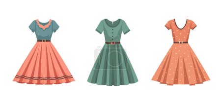 Illustration for Retro woman dresses collection isolated on white background. Vintage fashion 1950s. Vector stock - Royalty Free Image