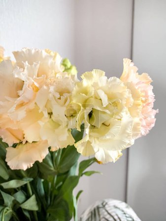 Foto de Foto de un delicado ramo de flores blancas de Eustoma en jarrón sobre un fondo blanco - Imagen libre de derechos