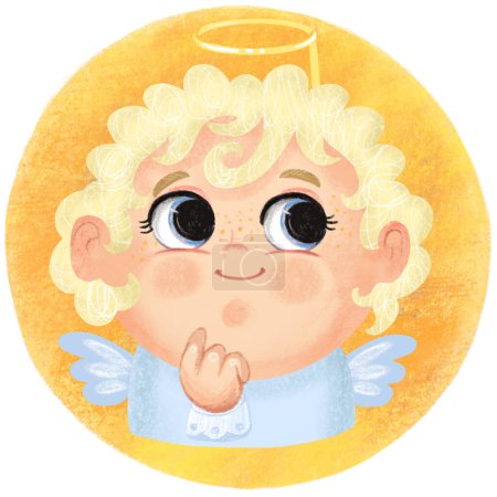 Portrait of a happy cute little kid girl in a Angel costume looking into the camera illustration. Cartoon illustration on a round background. For design, print, game, decor, party, clothes, stickers