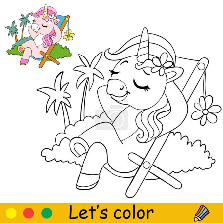 Foto de Lindo unicornio está acostado en una chaise longue. Niños colorear página del libro con plantilla de color. Ilustración de dibujos animados vectoriales. Para colorear, postal, imprimir, diseño, decoración, tatuaje, juego y rompecabezas de los niños - Imagen libre de derechos