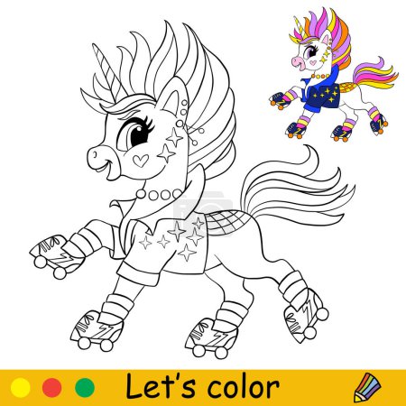 Cute cool unicorn on a roller skates. Kids coloring book page with color template. Vector cartoon illustration. Educational page. For kids coloring, postcard, print, design, decor, tattoo, game