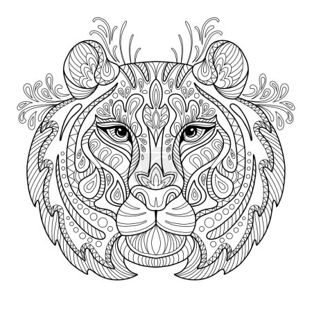 Illustration for Stylized head of tiger close up. Hand drawn sketch black contour vector illustration. For adult antistress coloring page, print, design, decor, T-shirt, emblem, logo or tattoo ornate design elements. - Royalty Free Image