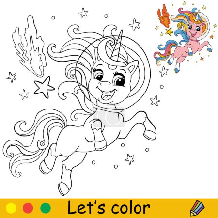 Ilustración de Caricatura lindo espacio unicornio personaje con cometa y estrellas. Página de libro para colorear con plantilla colorida para niños. Ilustración vectorial aislada. Para colorear libro, imprimir, juego, partido, diseño - Imagen libre de derechos