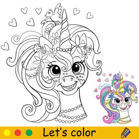 Ilustración de Dibujos animados linda cabeza divertida chica unicornio con joyas. Página de libro para colorear con plantilla colorida para niños. Ilustración vectorial aislada. Para colorear libro, imprimir, juego, partido, diseño - Imagen libre de derechos