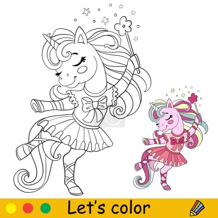 Ilustración de Dibujos animados lindo baile unicornio niña personaje bailarina en vestido. Página de libro para colorear con plantilla colorida para niños. Ilustración vectorial aislada. Para colorear libro, imprimir, juego, partido, diseño - Imagen libre de derechos